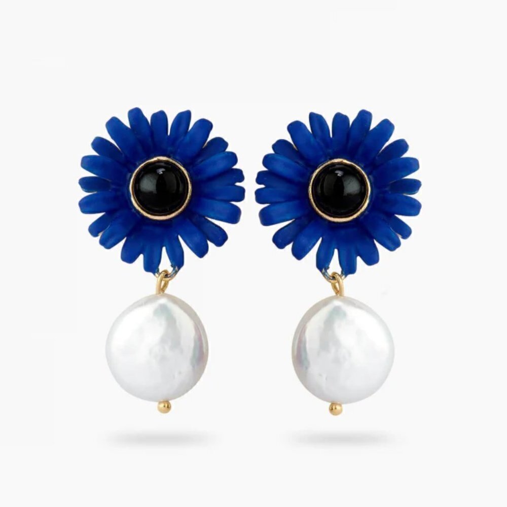 Les NEREIDES  Blue Flower and Faux Pearl Dangle